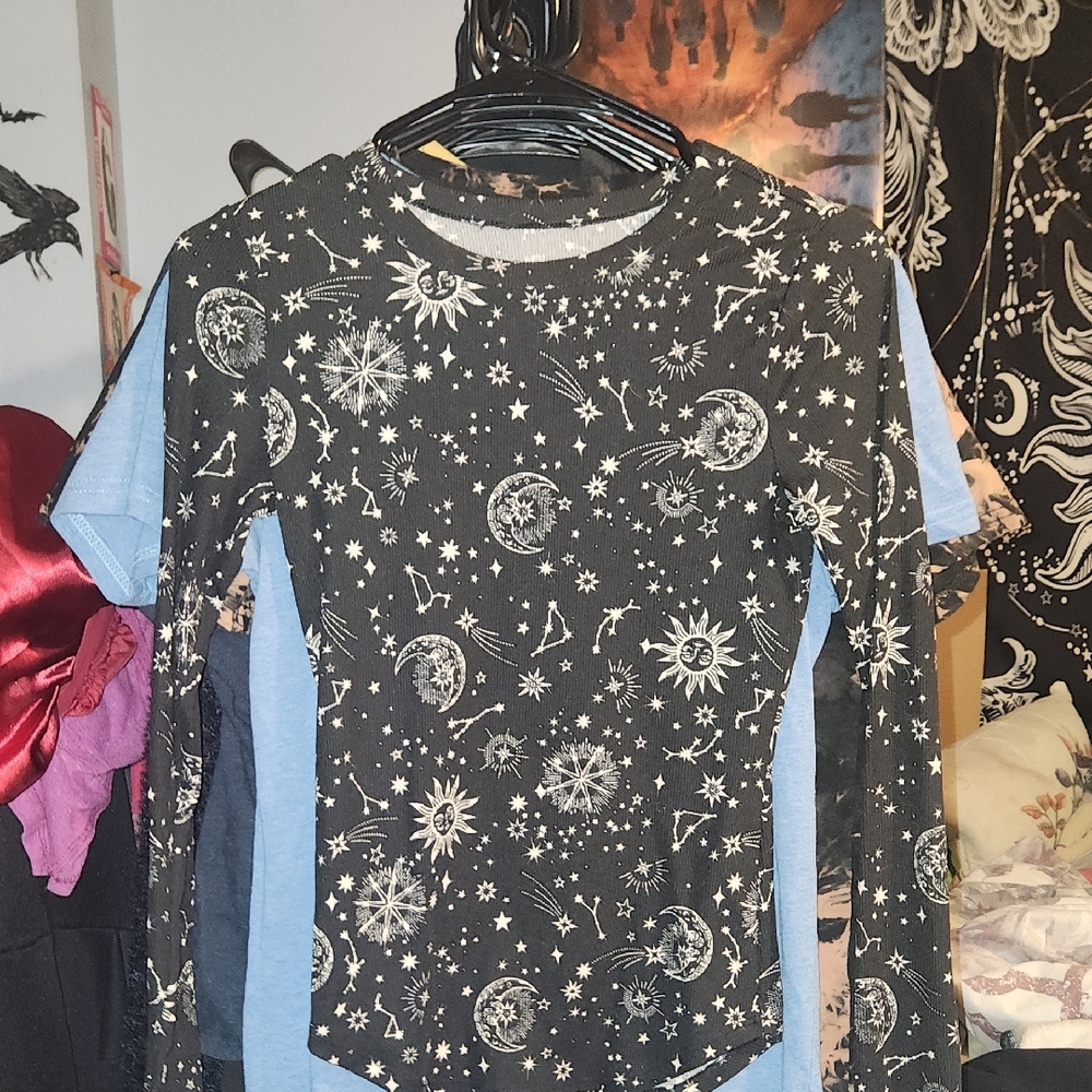 Black Celestial Long Sleeve Tee with Mystical Print